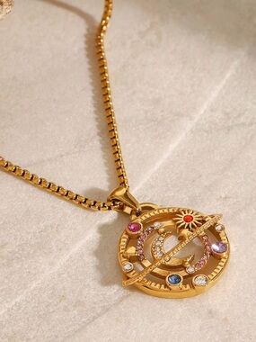 Gold Tone Celestial Pendant Necklace with Multicolor Stones Stainless Steel